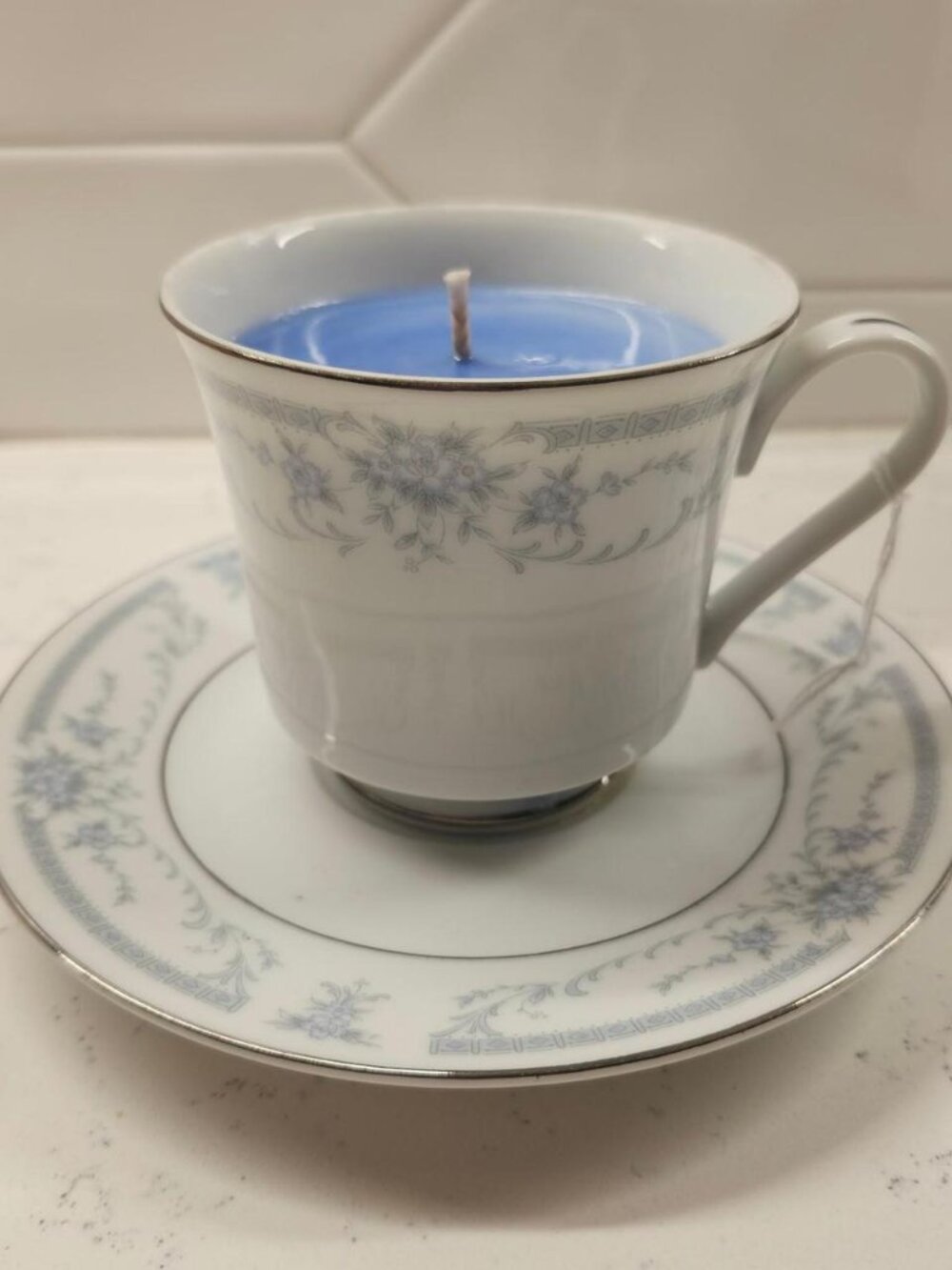 Vintage Sheffield Blue Whisper Porcelain Teacup Candle Honeysuckle Blue Floral